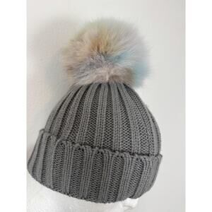 Jocelyn Hat Beanie Womens One Size Gray Knit Real Fox Fur Pom Pom Winter Cap